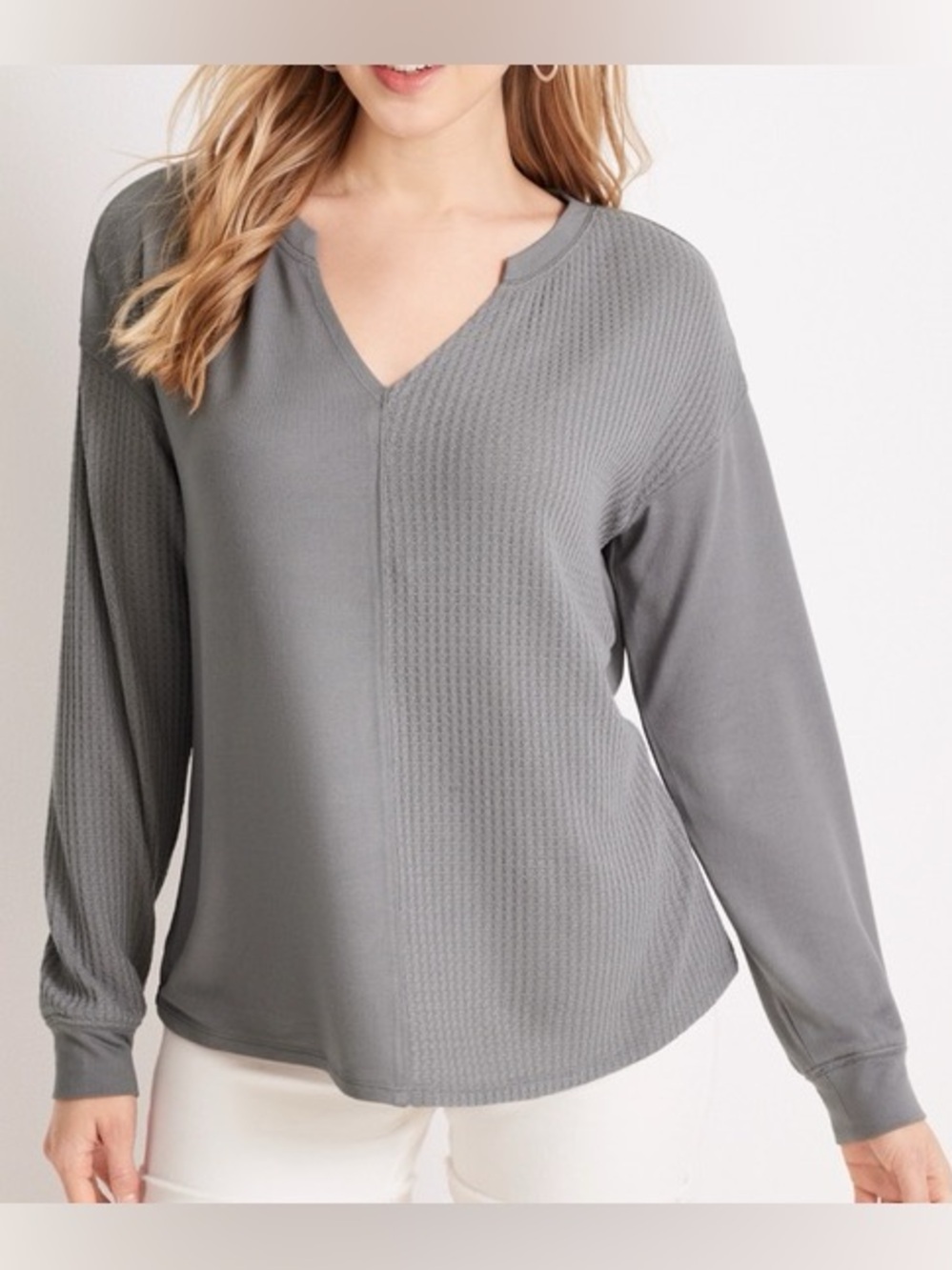 Maurices Split Neck Mixed Waffle Knit Top Solid Gray Long Sleeve Medium Women’s